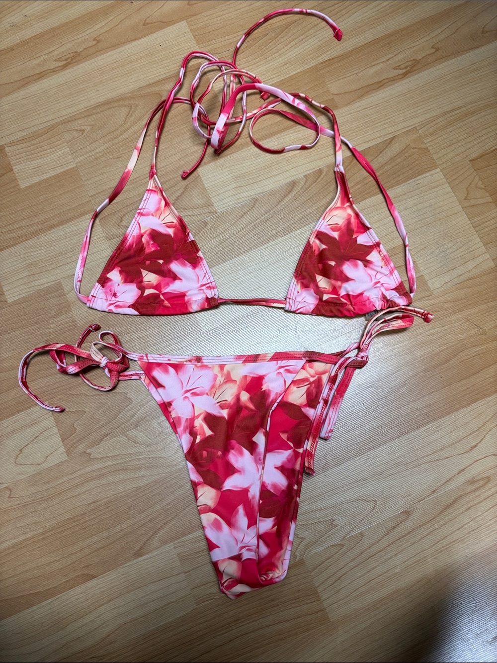 SHEIN Pink & Red Floral Tie-String Bikini
